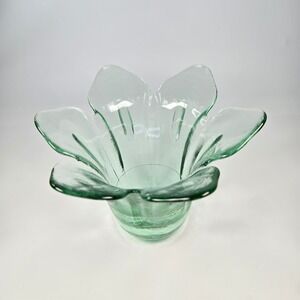 Vintage Recycled Glass‎ Vase Spin Candle Holder Green Flower Shaped Petals Spain